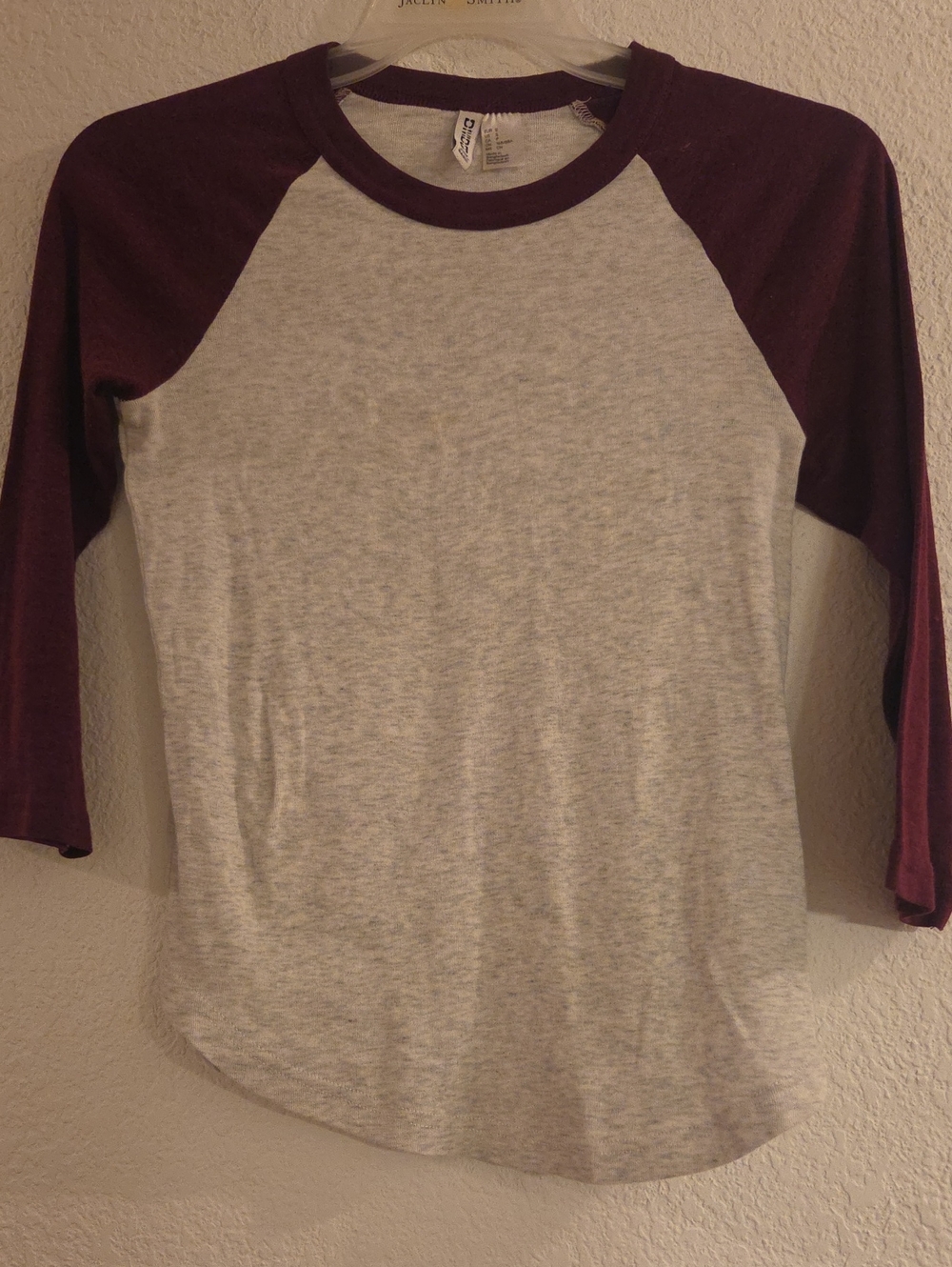 H&M Heather Gray Baseball Tee with Burgundy Raglan Sleeves